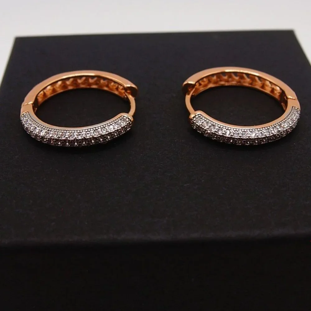 Stunning 18k. Rose Gold Over Sterling Silver 25mm Round Hoop Earrings With CZ's